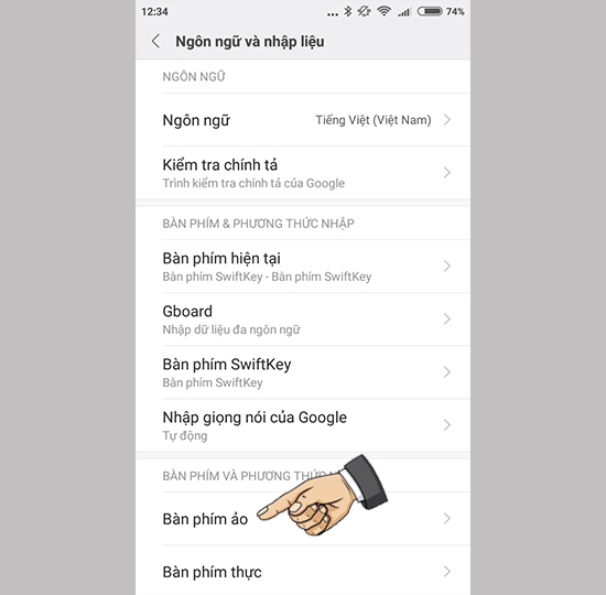 Vào cài đặt bàn phím ảo